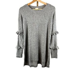 Anthropologie Postmark Long-Sleeve Grey Crewneck Sweater w/ Ruffles Sz S EUC